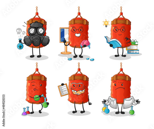 punching bag scientist group character. cartoon mascot vector