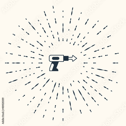 Grey Fishing harpoon icon isolated on beige background. Fishery manufacturers for catching fish under water. Diving underwater equipment. Abstract circle random dots. Vector