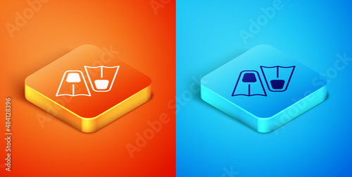 Isometric Rubber flippers for swimming icon isolated on orange and blue background. Diving equipment. Extreme sport. Diving underwater equipment. Vector