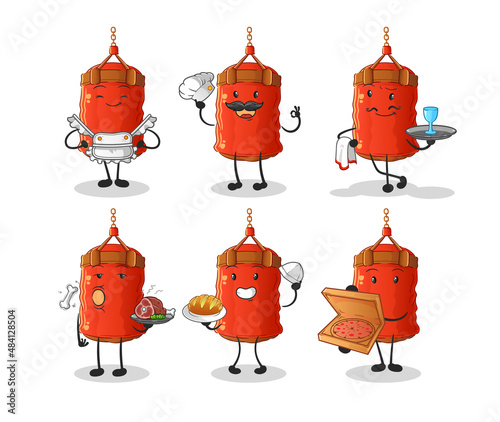 punching bag restaurant group character. cartoon mascot vector