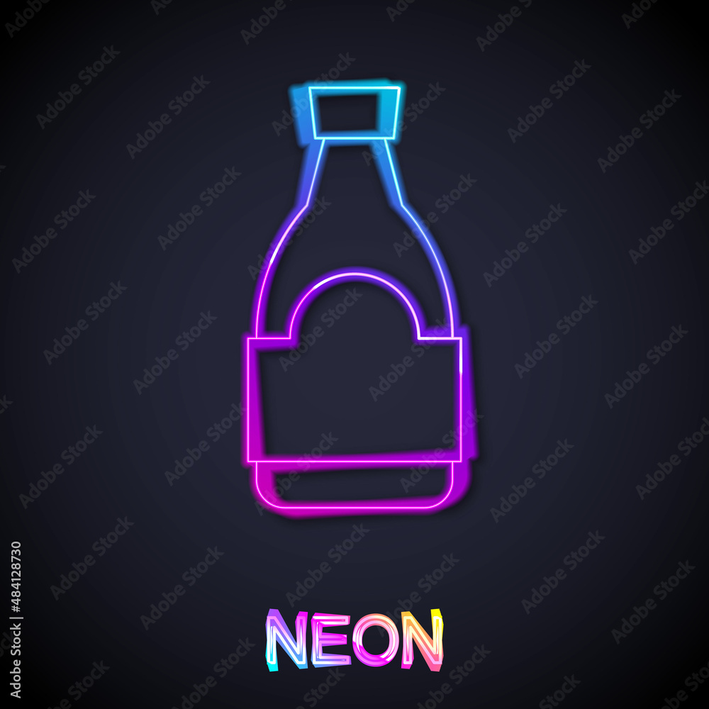 Glowing neon line Soy sauce bottle icon isolated on black background. Vector Glowing neon line Soy sauce bottle icon isolated on black background. Vector