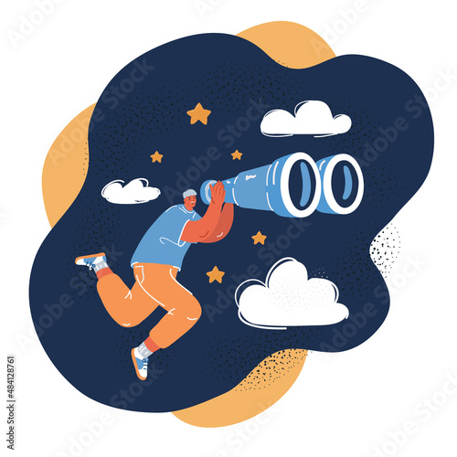Vector cartoon illustration of Businessman with binoculars spying on competitors.