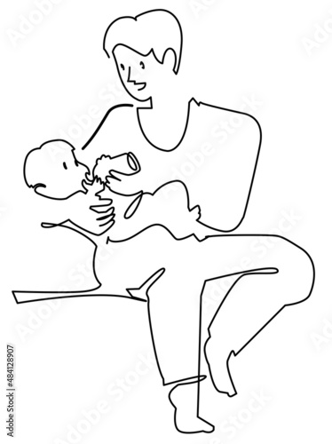 一筆書きのシンプルイラスト-赤ちゃんのお世話をする父親