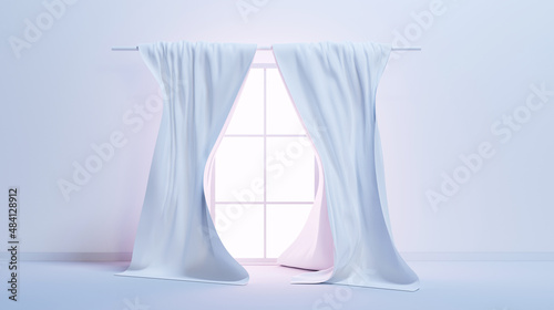 Glass window with white curtains silk fabric. Realistic interior of empty room with wall and floor. Satin cloth hanging on cornice  flowing material in blowing wind  realistic render 3d graphics