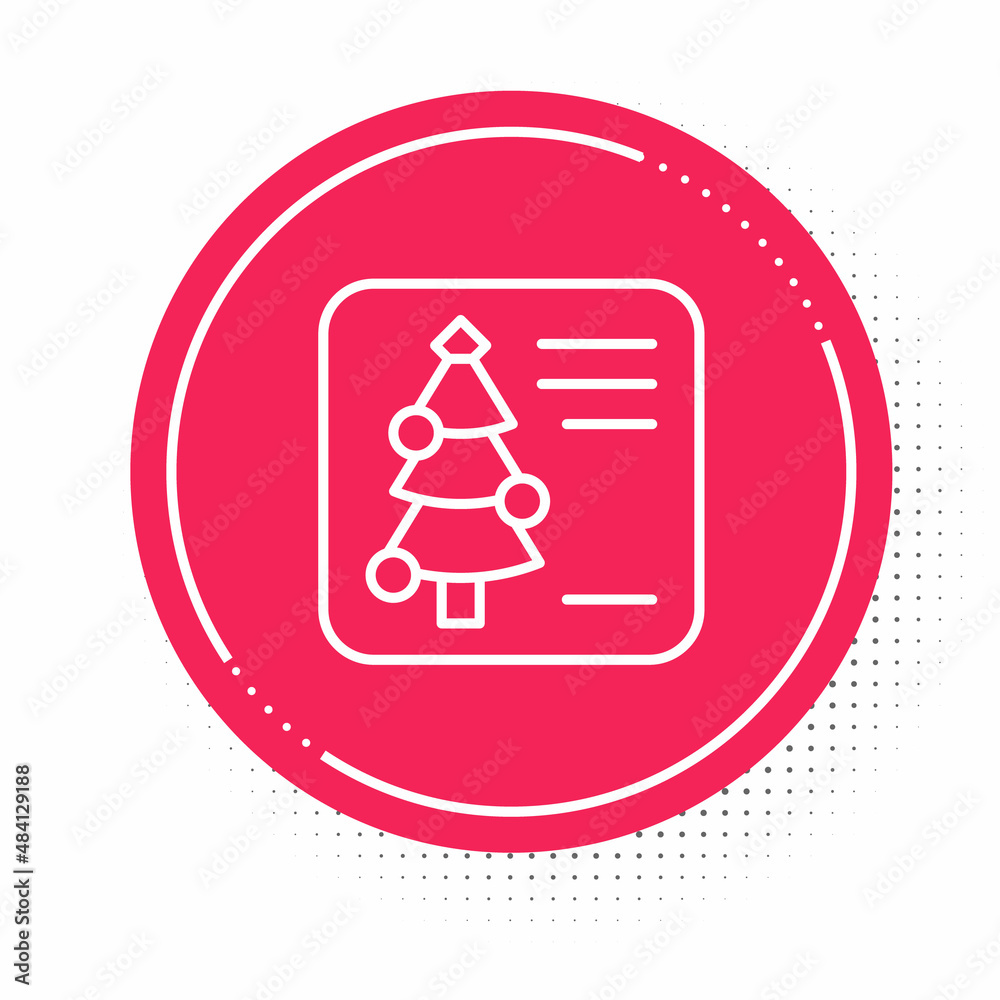 White line Christmas postcard icon isolated on white background. Merry Christmas and Happy New Year. Red circle button. Vector White line Christmas postcard icon isolated on white background. Merry Christmas and Happy New Year. Red circle button. Vector