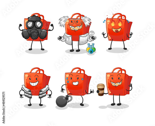 shopping bag villain group character. cartoon mascot vector