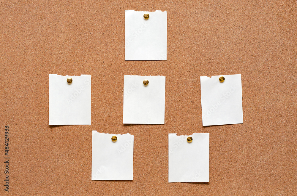 Blank paper notes are pinned to a cork board. Copy space. Blank paper notes are pinned to a cork board. Copy space.