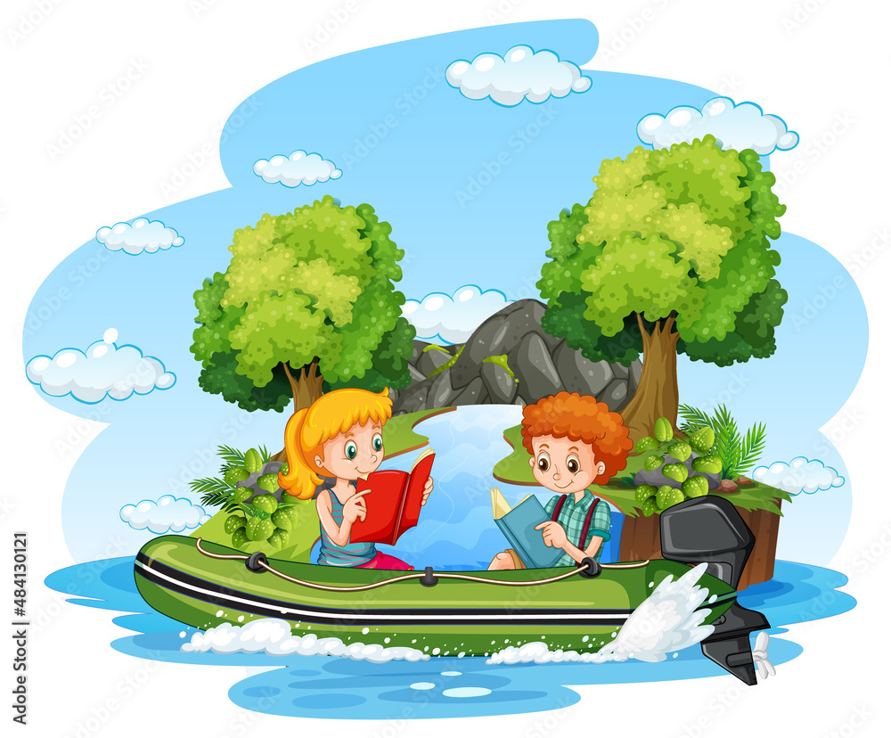 Fototapeta premium Isolated nature scene with children on inflatable boat
