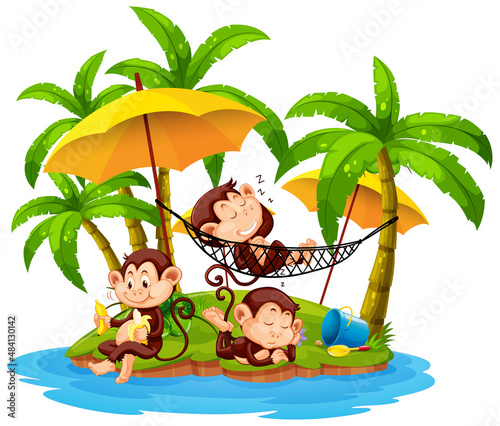 Isolated island with little monkeys cartoon character
