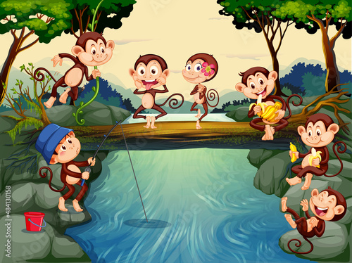 Forest river scene with monkey cartoon characters