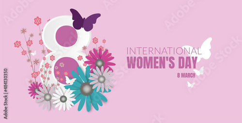 International Women's Day. Number 8 decorated with flowers and butterflies on pink background.Vector,Illustration eps10