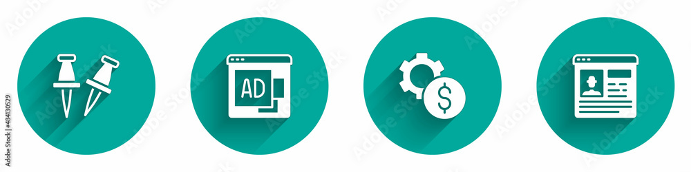 Set Push pin, Advertising, Gear with dollar symbol and Resume icon with long shadow. Vector Set Push pin, Advertising, Gear with dollar symbol and Resume icon with long shadow. Vector