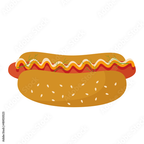 Hot dog is a traditional sandwich with sausage, mustard, mayonnaise and herbs for the fast food concept. Vector illustration for design or decoration.