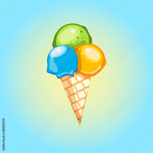 Ice cream illustration with three scoops and crispy waffle cone