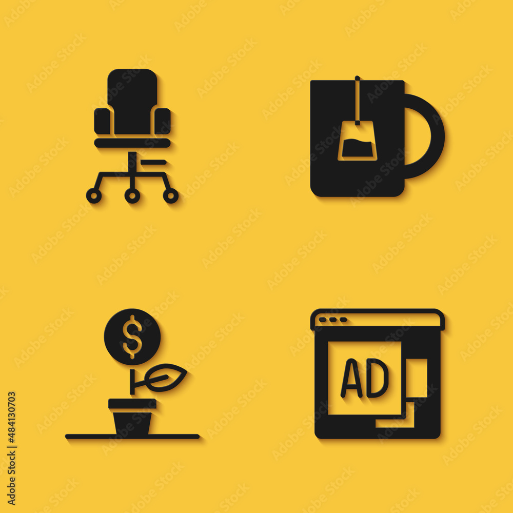 Set Office chair, Advertising, Dollar plant and Cup of tea icon with long shadow. Vector Set Office chair, Advertising, Dollar plant and Cup of tea icon with long shadow. Vector