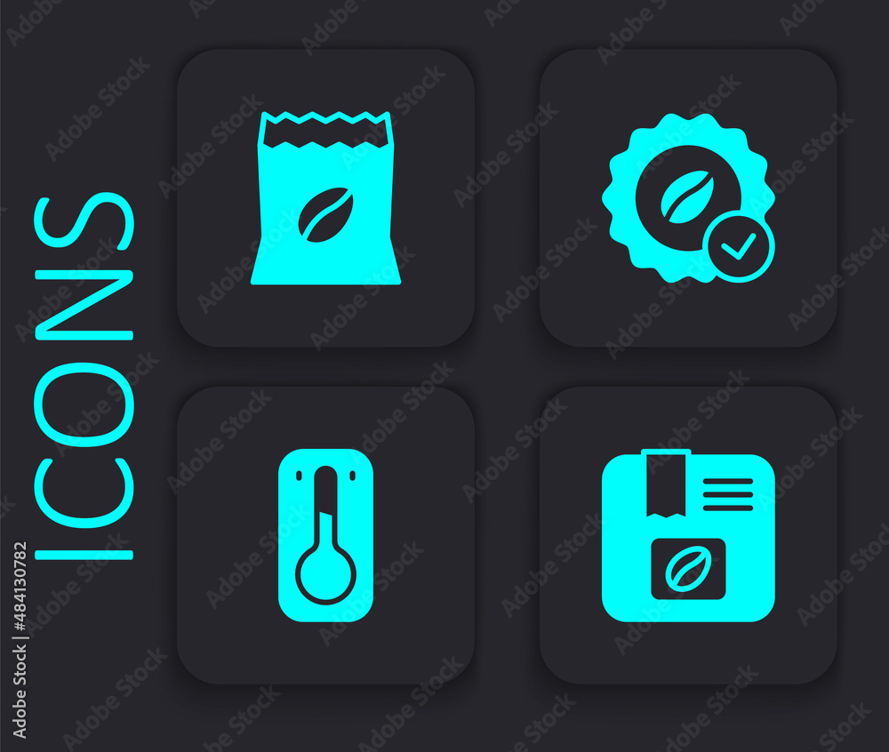 Set Bag of coffee beans, Medal for and Coffee thermometer icon. Black square button. Vector Set Bag of coffee beans, Medal for and Coffee thermometer icon. Black square button. Vector