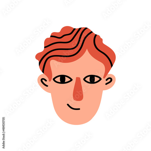 Young boy face character with red wavy hairs isolated on white background. Fashion funny cartoon head. Colorful people avatar. Vector illustration