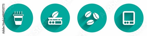 Set Coffee cup to go, Electronic coffee scales, beans and icon with long shadow. Vector