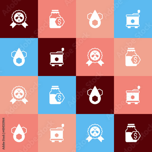 Set pop art Best bee, Sale in jar of honey, Honeycomb and extractor icon. Vector