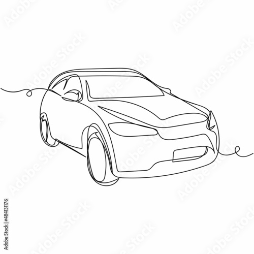 The Artists Continuous one simple single abstract line drawing of car icon in silhouette on a white background. Linear stylized.