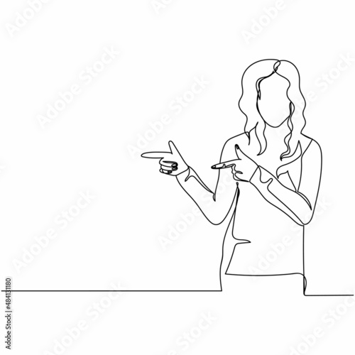 The Artists Continuous one simple single abstract line drawing of showing finger beautiful woman icon in silhouette on a white background. Linear stylized.