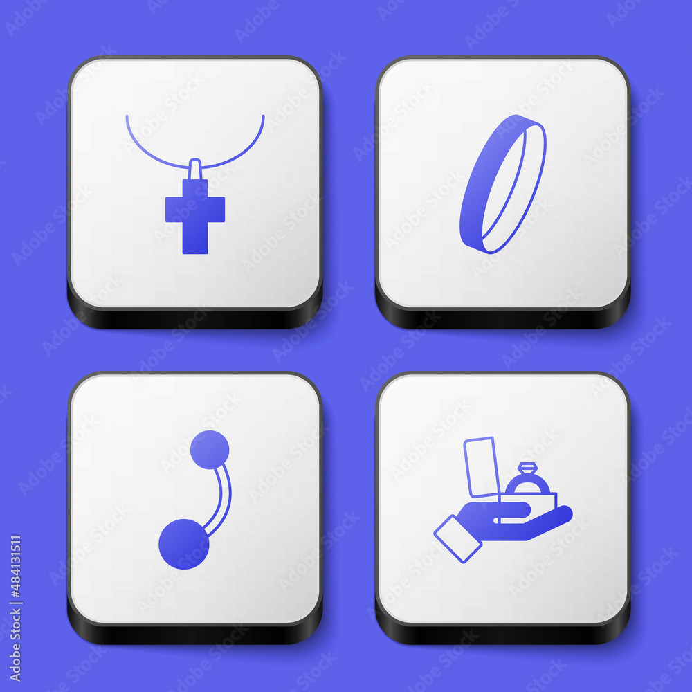 Set Christian cross on chain, Wedding ring, Piercing and Diamond engagement box icon. White square button. Vector Set Christian cross on chain, Wedding ring, Piercing and Diamond engagement box icon. White square button. Vector