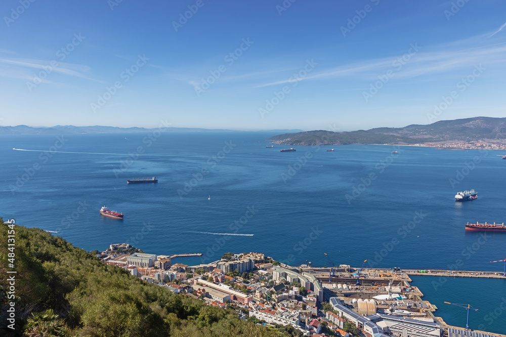 The Strait of Gibraltar with the African coast in a distant background background