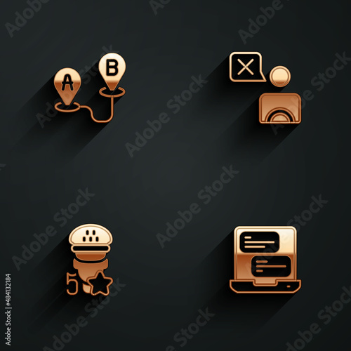 Set Route location, Taxi driver, service rating and mobile app icon with long shadow. Vector