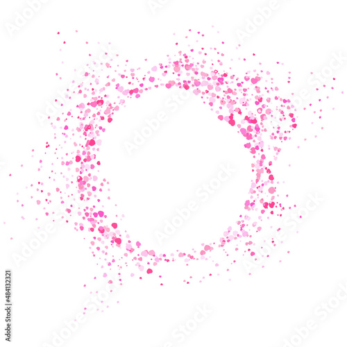 Round pattern of falling simple hearts isolated on white background. Pink, red confetti love signs for design invitation card wedding, love story on Valentines Day. Romantic vector illustration