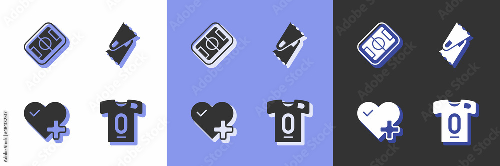 Set Football jersey and t-shirt, field, Heart rate and Flippers for swimming icon. Vector Set Football jersey and t-shirt, field, Heart rate and Flippers for swimming icon. Vector