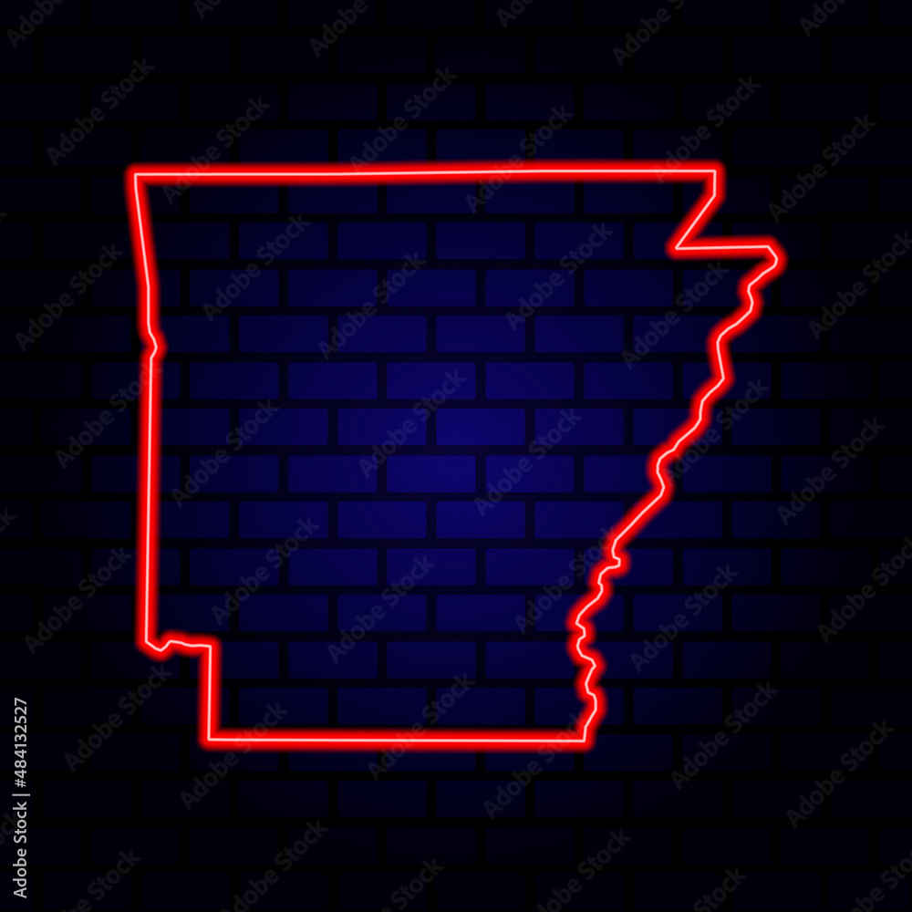 Neon map State of Arkansas on brick wall background. Neon map State of Arkansas on brick wall background.