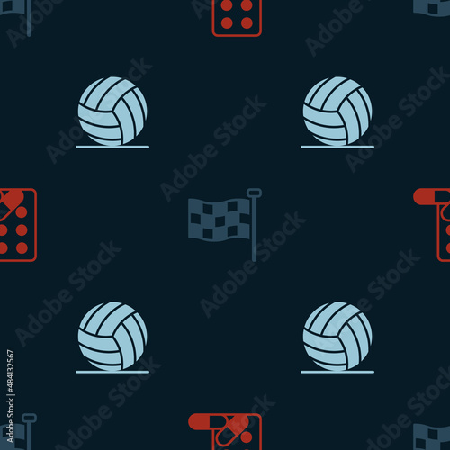 Set Sports doping with dumbbell, Checkered flag and Volleyball ball on seamless pattern. Vector