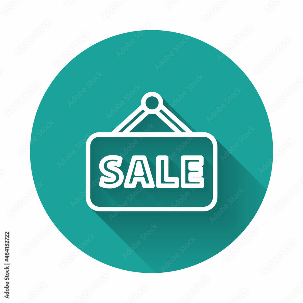 White line Hanging sign with text Sale icon isolated with long shadow. Signboard with text Sale. Green circle button. Vector Illustration White line Hanging sign with text Sale icon isolated with long shadow. Signboard with text Sale. Green circle button. Vector Illustration