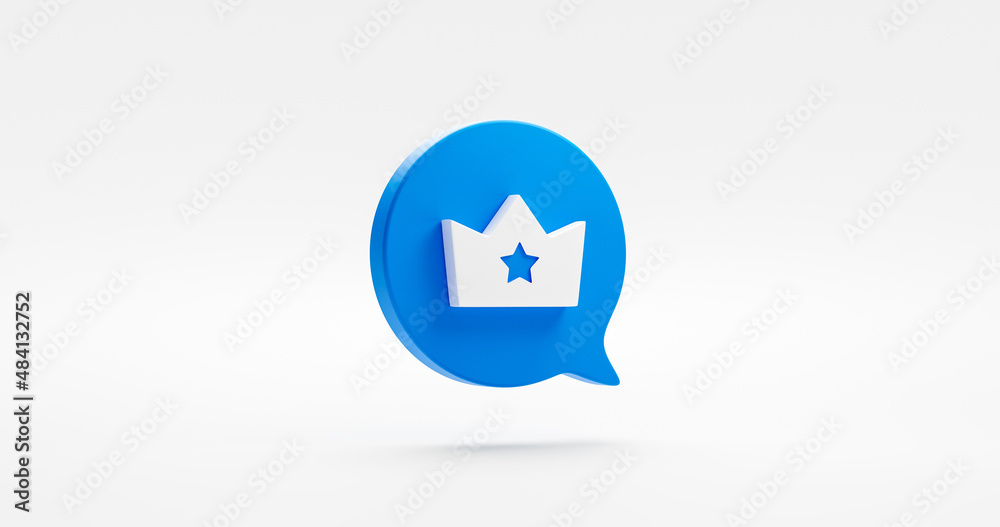 Blue premium crown icon message bubble of 3d graphic element symbol or gold certificate membership luxury king emblem and success vip quality award victory star sign isolated on white background. Blue premium crown icon message bubble of 3d graphic element symbol or gold certificate membership luxury king emblem and success vip quality award victory star sign isolated on white background.