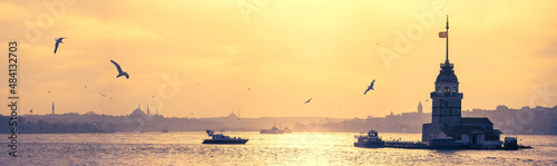 Photography Sea skyline of Istanbul and the Maiden Tower on sunset in Golden Horn