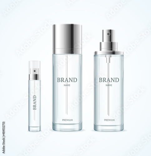 Realistic Detailed 3d Different Cosmetics Perfume Bottle Empty Template Mockup Set. Vector