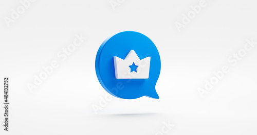 Blue premium crown icon message bubble of 3d graphic element symbol or gold certificate membership luxury king emblem and success vip quality award victory star sign isolated on white background. photo