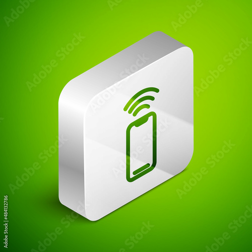 Isometric line Wireless smartphone icon isolated on green background. Silver square button. Vector
