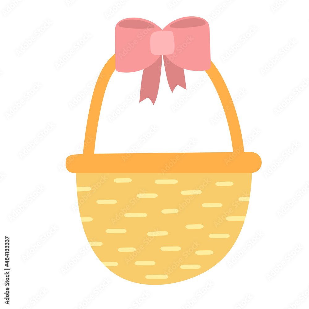 Wicker basket icon with bow, empty wicker basket illustration, vector illustration in flat cartoon design Wicker basket icon with bow, empty wicker basket illustration, vector illustration in flat cartoon design