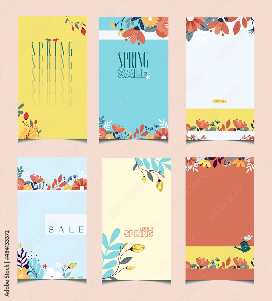 spring templates for storis, collection of layouts for instagram, flower templates, floral print, discounts