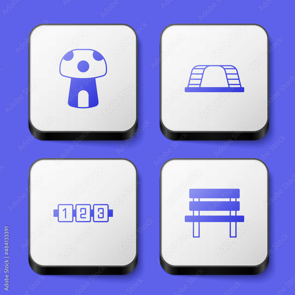 Set Mushroom house, Monkey bar, Education logic game and Bench icon. White square button. Vector Set Mushroom house, Monkey bar, Education logic game and Bench icon. White square button. Vector