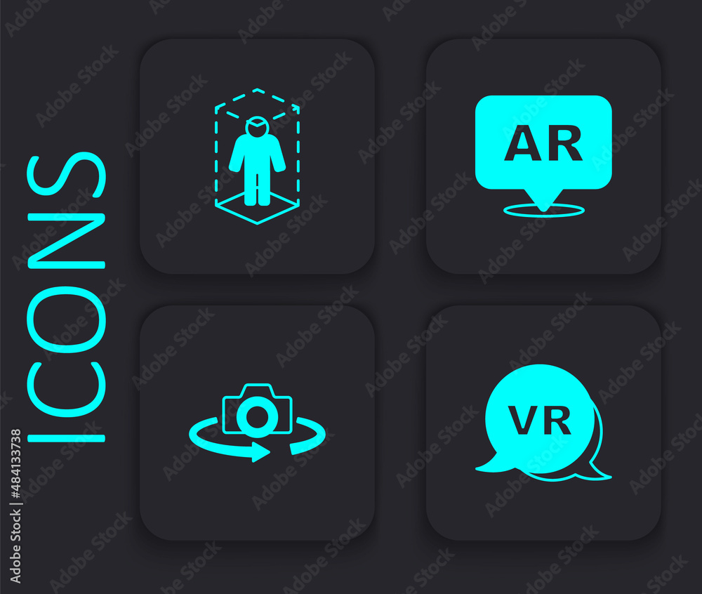 Set Virtual reality, 3d modeling, Augmented AR and 360 degree view icon. Black square button. Vector