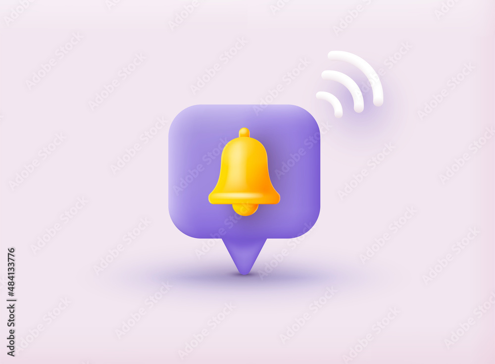 Notification bell icon. 3d render yellow ringing bell with new notification  for social media reminder. 3D Web Vector Illustrations. Stock Vector |  Adobe Stock