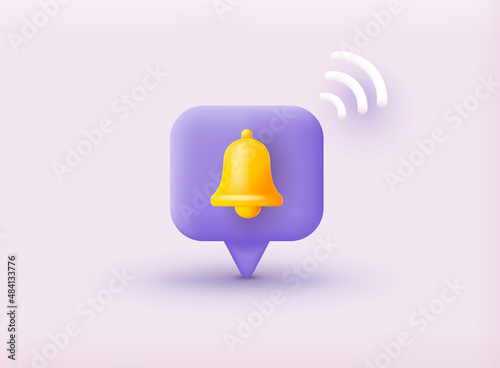 Notification bell icon. 3d render yellow ringing bell with new notification for social media reminder. 3D Web Vector Illustrations.