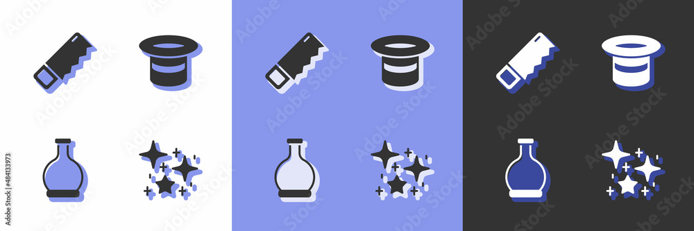 Set Magical glitter particles, Hand saw, Bottle with potion and hat icon. Vector Set Magical glitter particles, Hand saw, Bottle with potion and hat icon. Vector