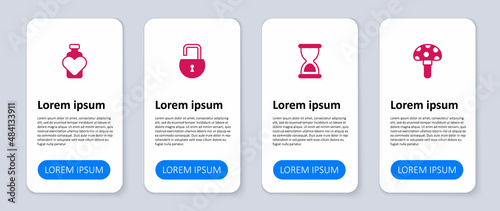 Set Psilocybin mushroom, Old hourglass, Open padlock and Bottle with love potion. Business infographic template. Vector