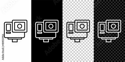 Set line Action extreme camera icon isolated on black and white background. Video camera equipment for filming extreme sports. Vector