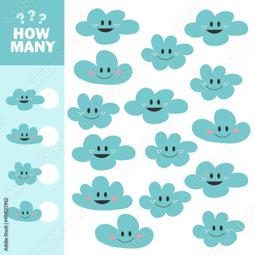 Vector illustration. Math game for preschool and school age children. Count and insert the correct numbers. Addition. Clouds.