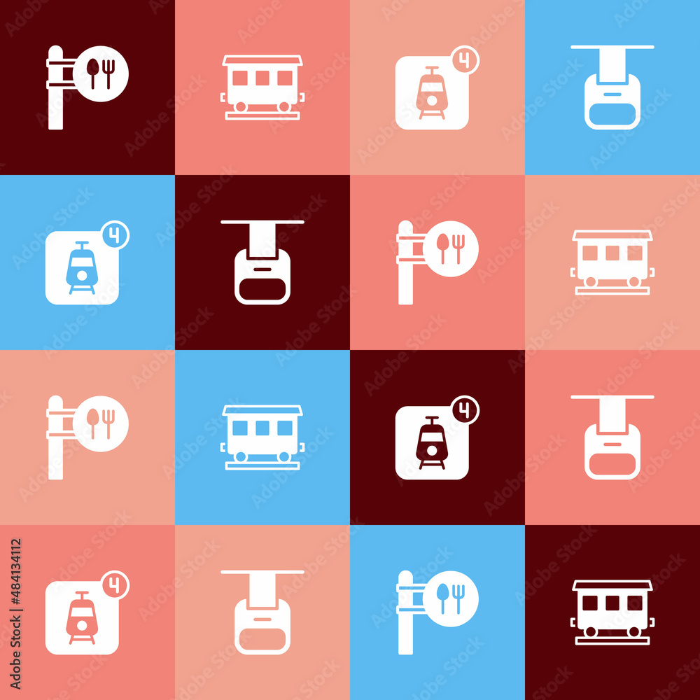 Set pop art Cafe and restaurant location, Passenger train cars, Online ticket booking and Cable icon. Vector Set pop art Cafe and restaurant location, Passenger train cars, Online ticket booking and Cable icon. Vector