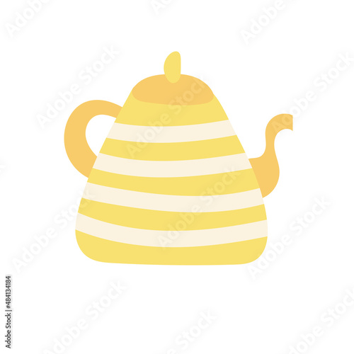 Yellow kettle - hand drawn vector doodle illustration. Cartoon pot. Isolated on white background. Hand drawn simple element